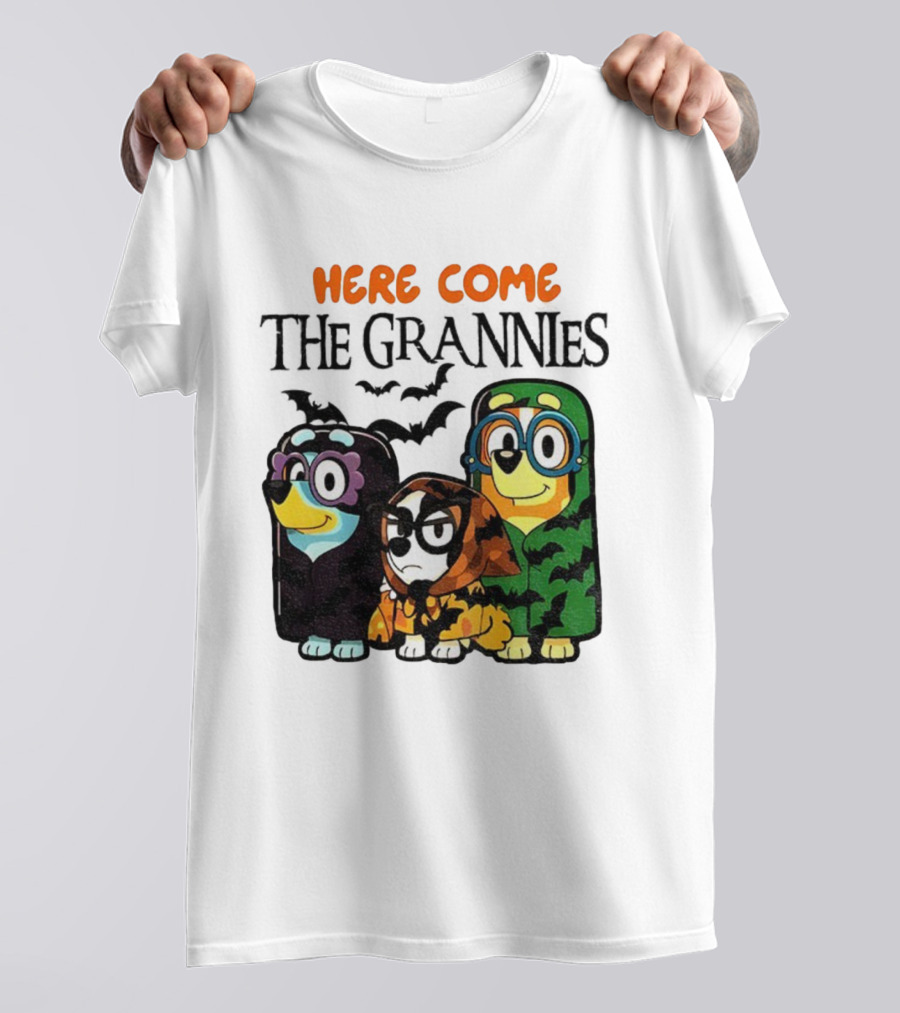 Here Come The Grannies Halloween Blue Dog Characters In Costumes T-Shirt