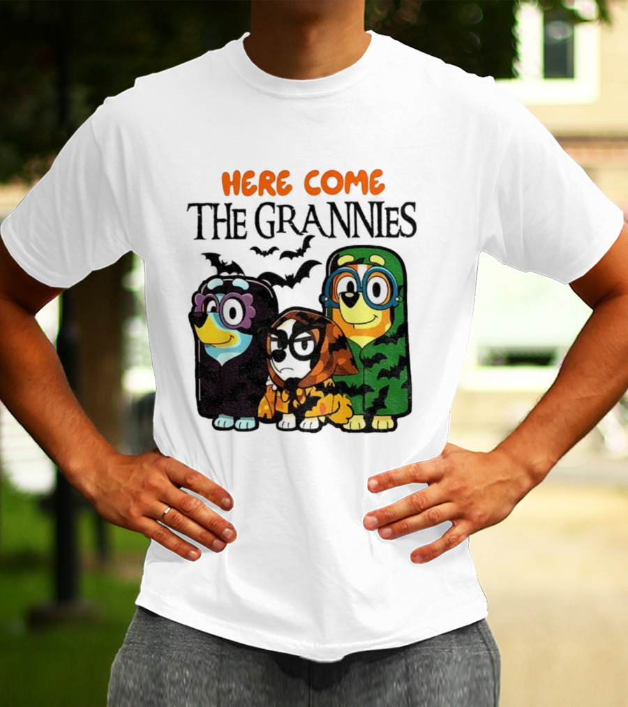 Here Come The Grannies Halloween Blue Dog Characters In Costumes T-Shirt