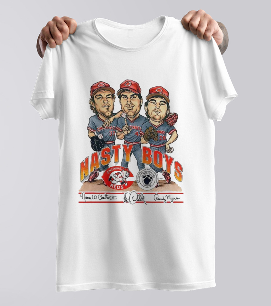 Cincinnati Reds Nasty Boys 37 43 28 Schottzie 02 Baseball Caricature T-Shirt