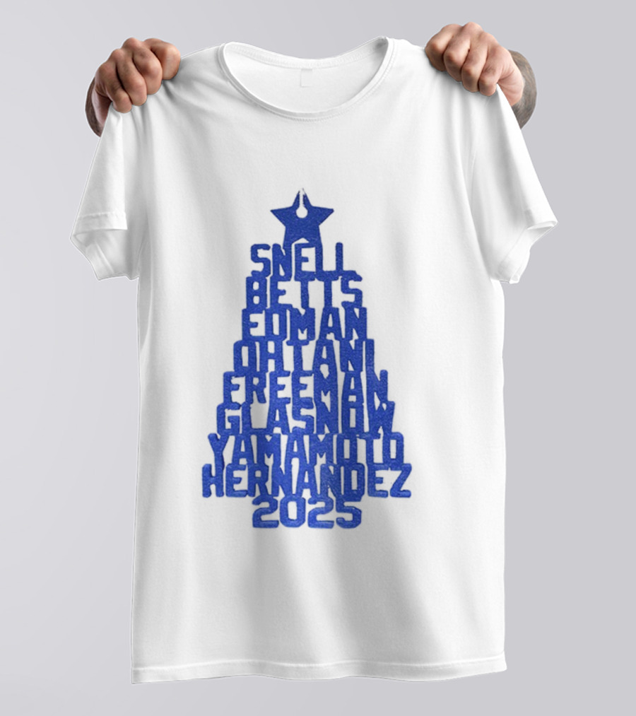 Los Angeles Dodgers Snell Betts Freeman Ohtani Freeman Glasnow Yamamoto Hernandez Christmas Tree 2025 T-Shirt