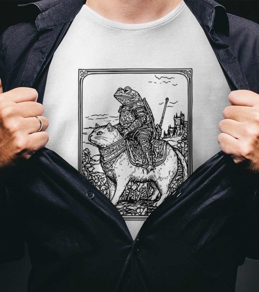Medieval Frog Knight Riding A Cat In Armor Scene T-Shirt