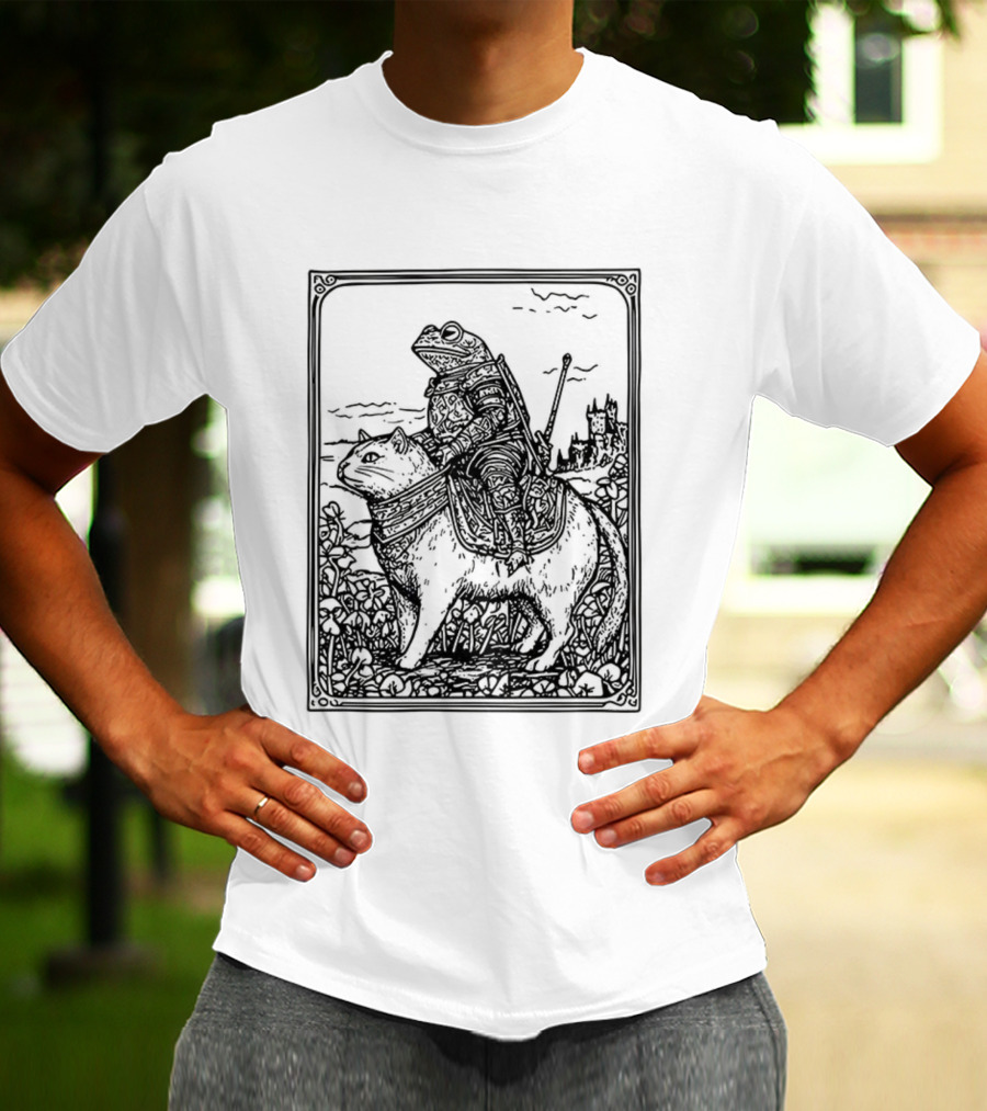 Medieval Frog Knight Riding A Cat In Armor Scene T-Shirt