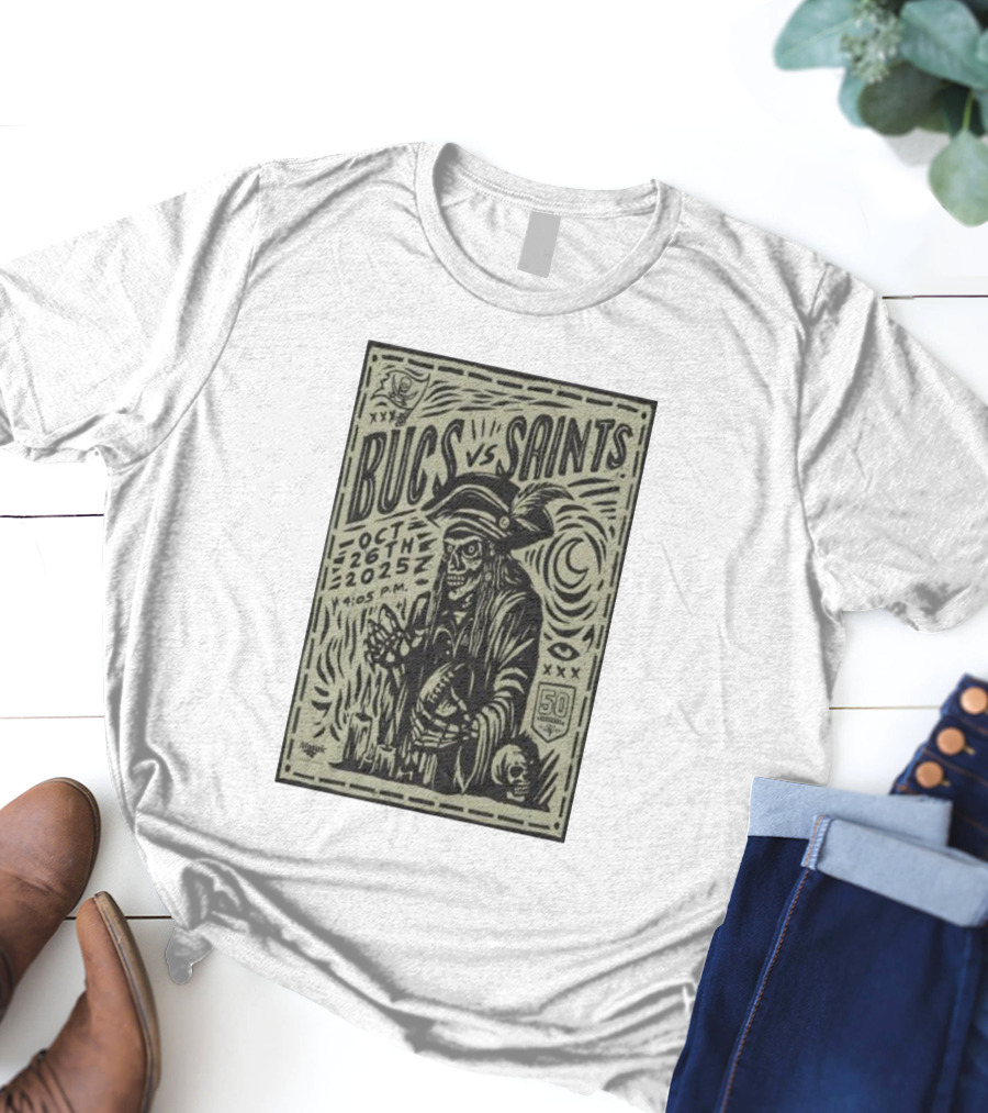 Bucs Vs Saints October 26 2025 4:05 P.M. 50 Seasons Pirate Skull Linocut T-Shirt