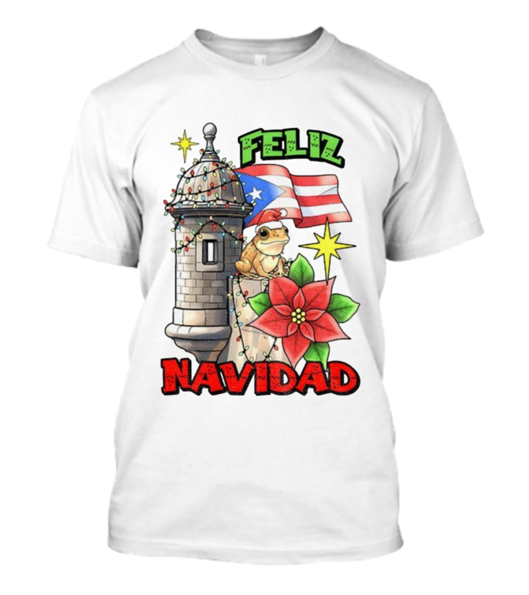 Puerto Rican Christmas Coqui Feliz Navidad Flag Poinsettia Lights T-Shirt