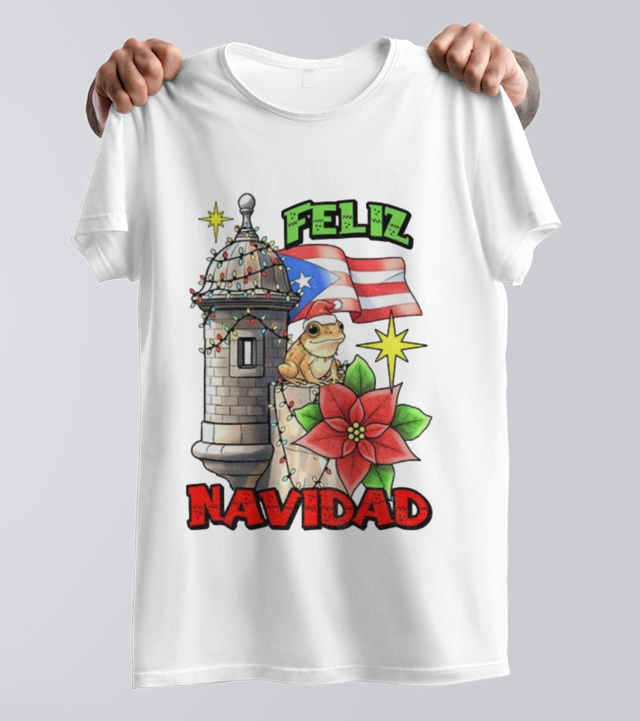 Puerto Rican Christmas Coqui Feliz Navidad Flag Poinsettia Lights T-Shirt