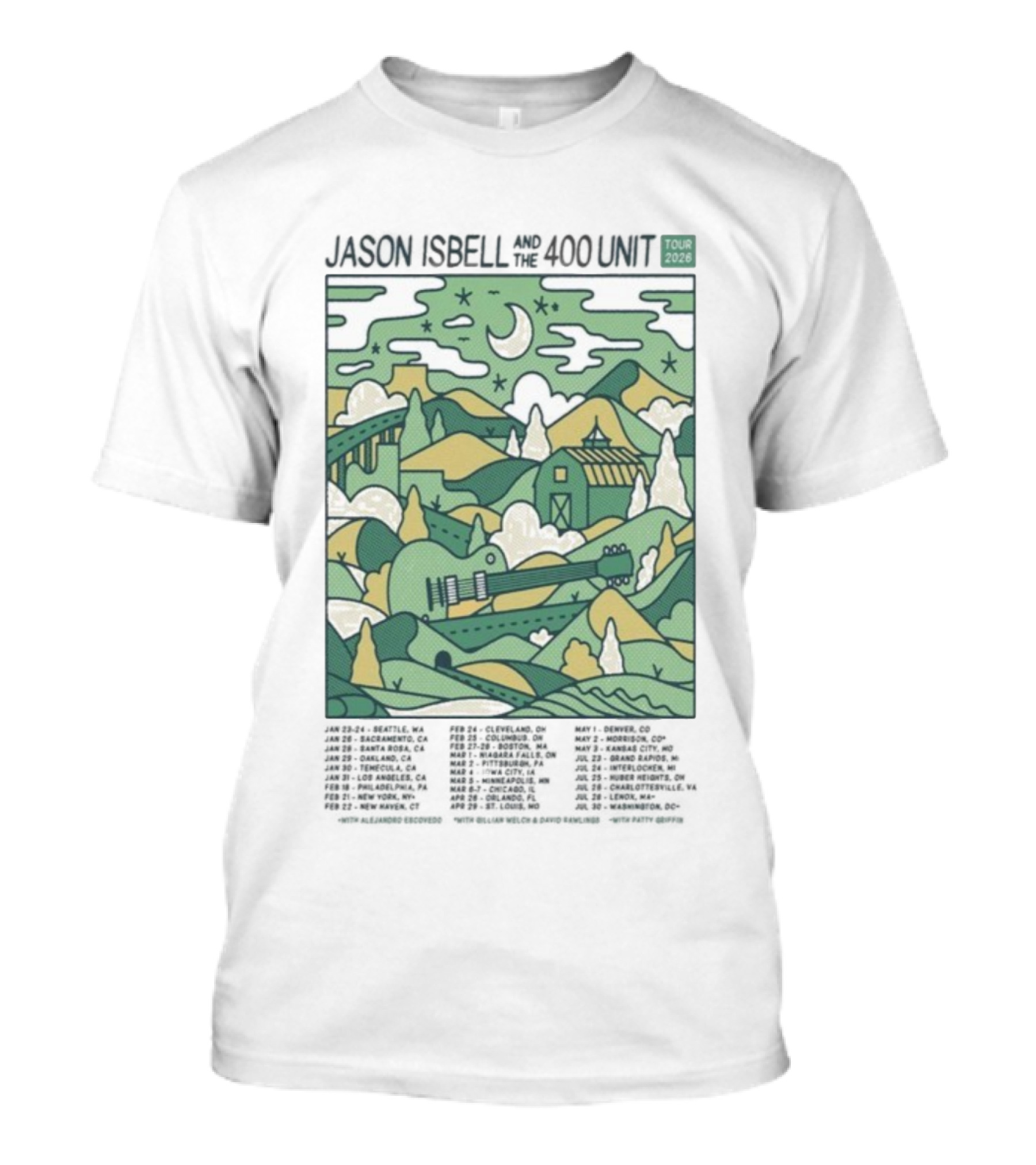Jason Isbell And The 400 Unit 2026 Tour Scenic Guitar Landscape Moonlit Hills T-Shirt