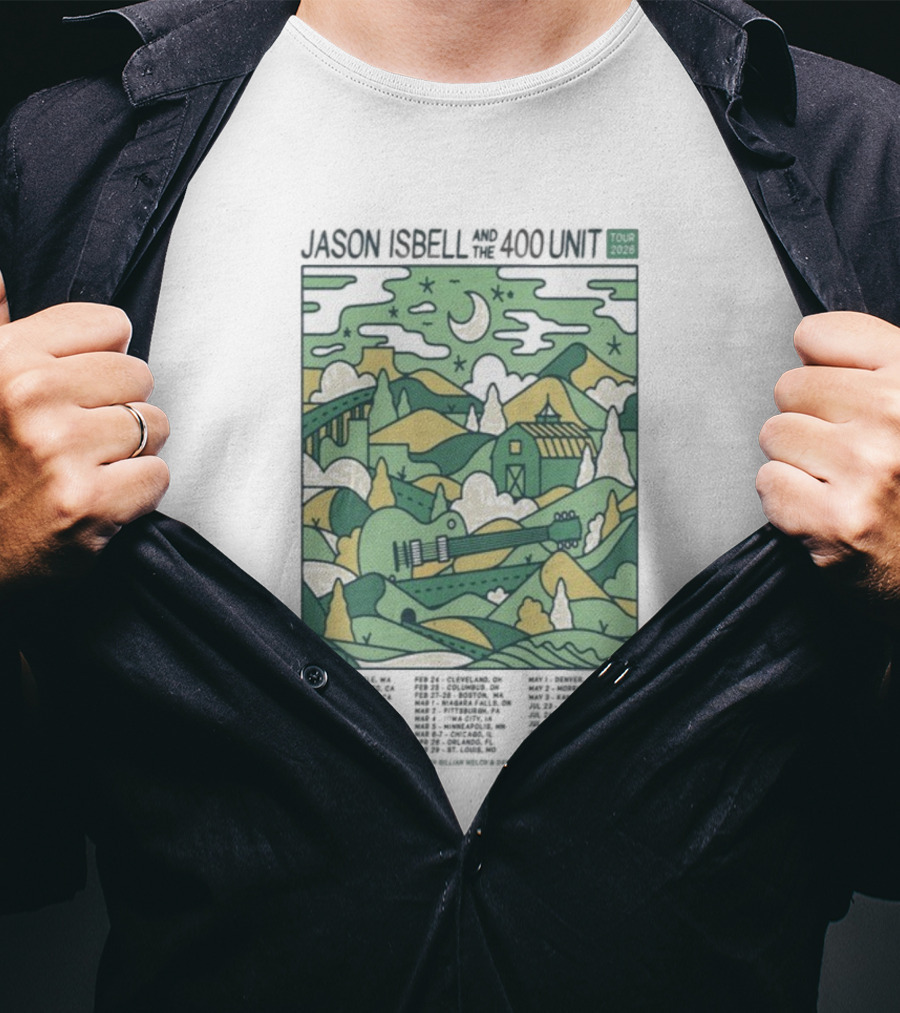Jason Isbell And The 400 Unit 2026 Tour Scenic Guitar Landscape Moonlit Hills T-Shirt