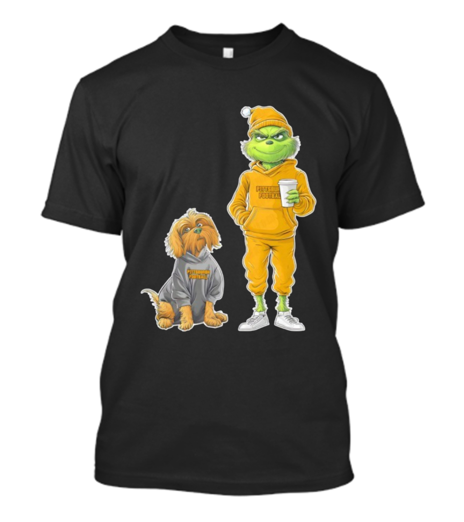 Pittsburgh Football Green Monster Grinch And Dog Christmas T-Shirt