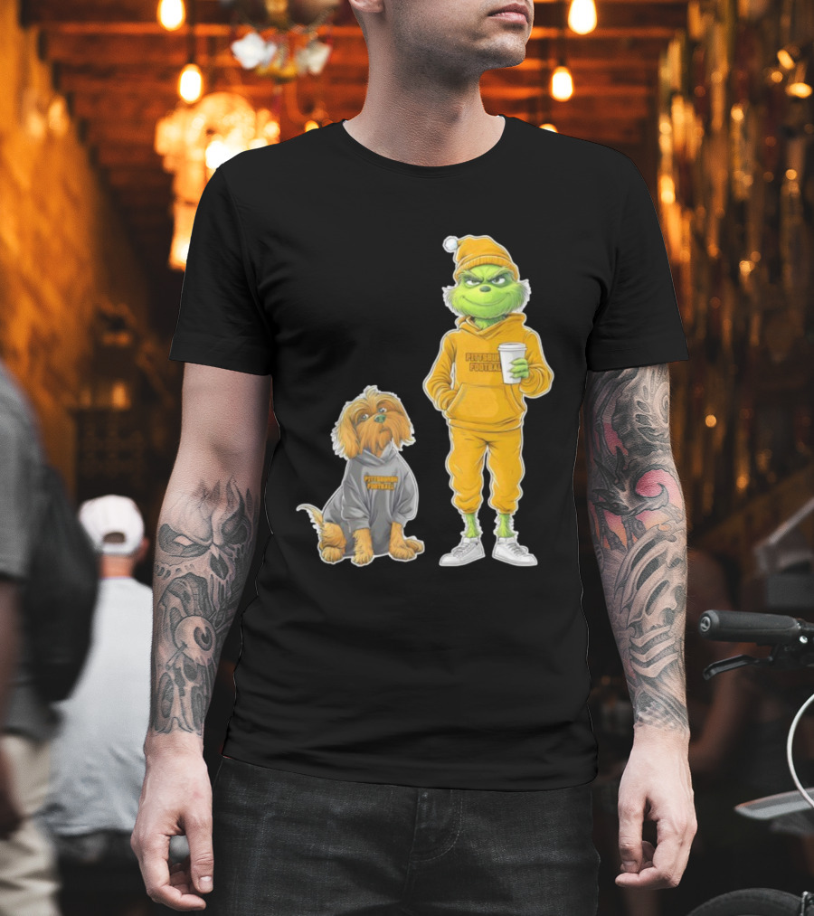 Pittsburgh Football Green Monster Grinch And Dog Christmas T-Shirt