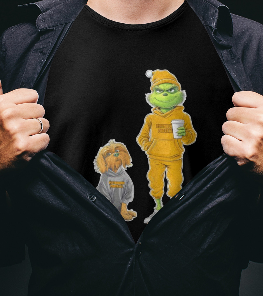 Pittsburgh Football Green Monster Grinch And Dog Christmas T-Shirt