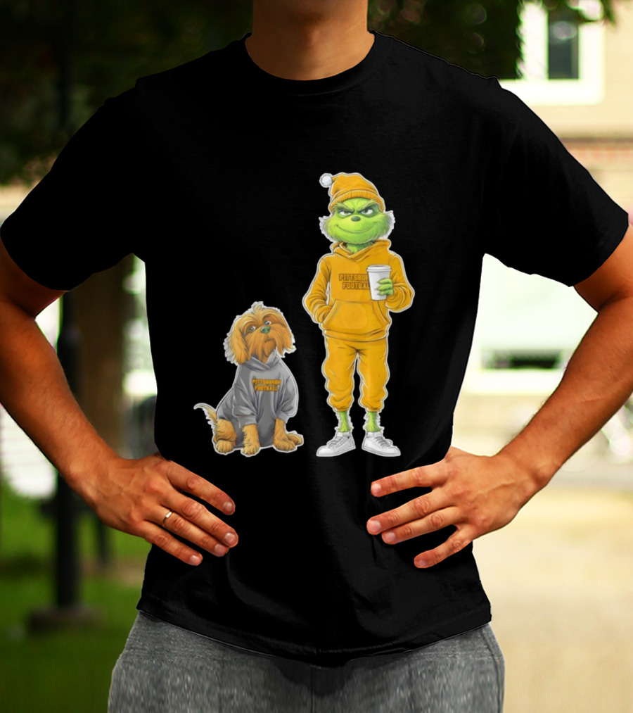 Pittsburgh Football Green Monster Grinch And Dog Christmas T-Shirt
