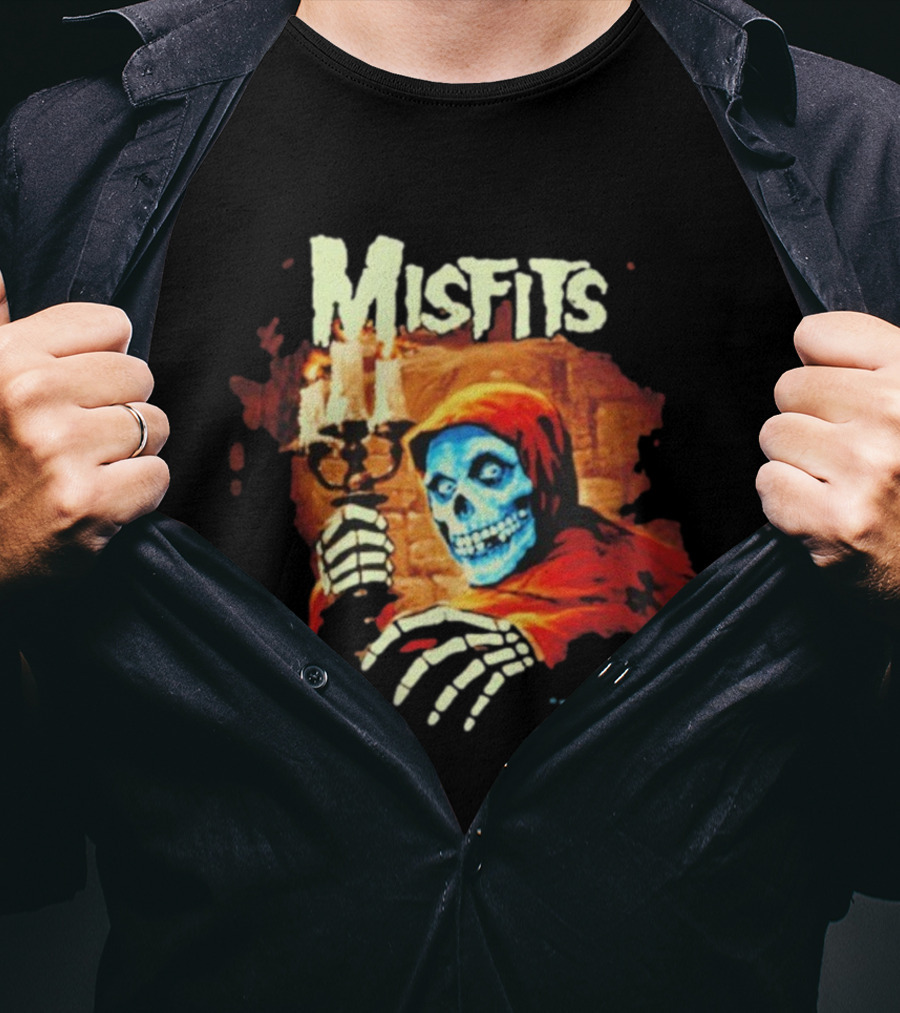 Misfits Candle Holding Skeleton In Red Hood T-Shirt