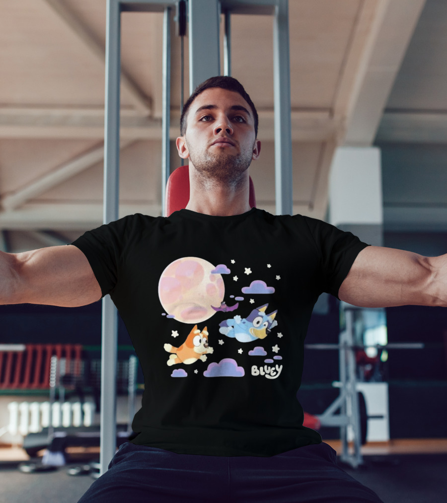 Bluey Sleepy Time Characters Flying With Moon And Stars T-Shirt