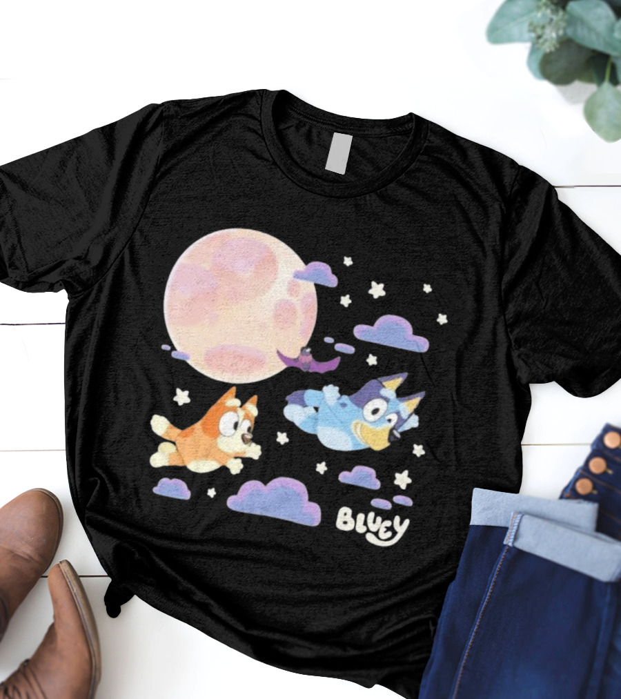 Bluey Sleepy Time Characters Flying With Moon And Stars T-Shirt