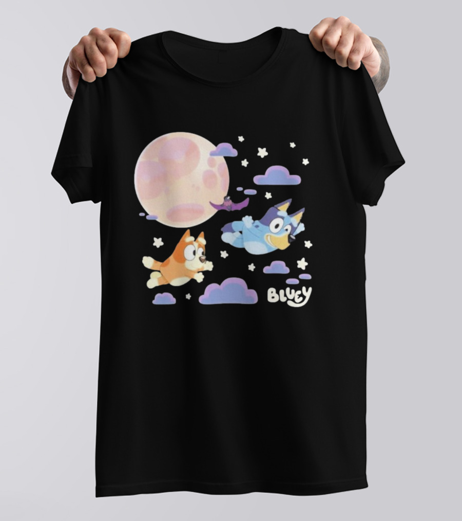 Bluey Sleepy Time Characters Flying With Moon And Stars T-Shirt