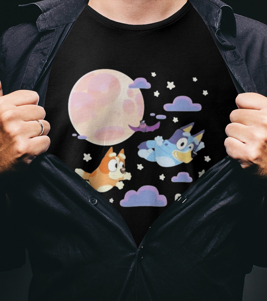 Bluey Sleepy Time Characters Flying With Moon And Stars T-Shirt