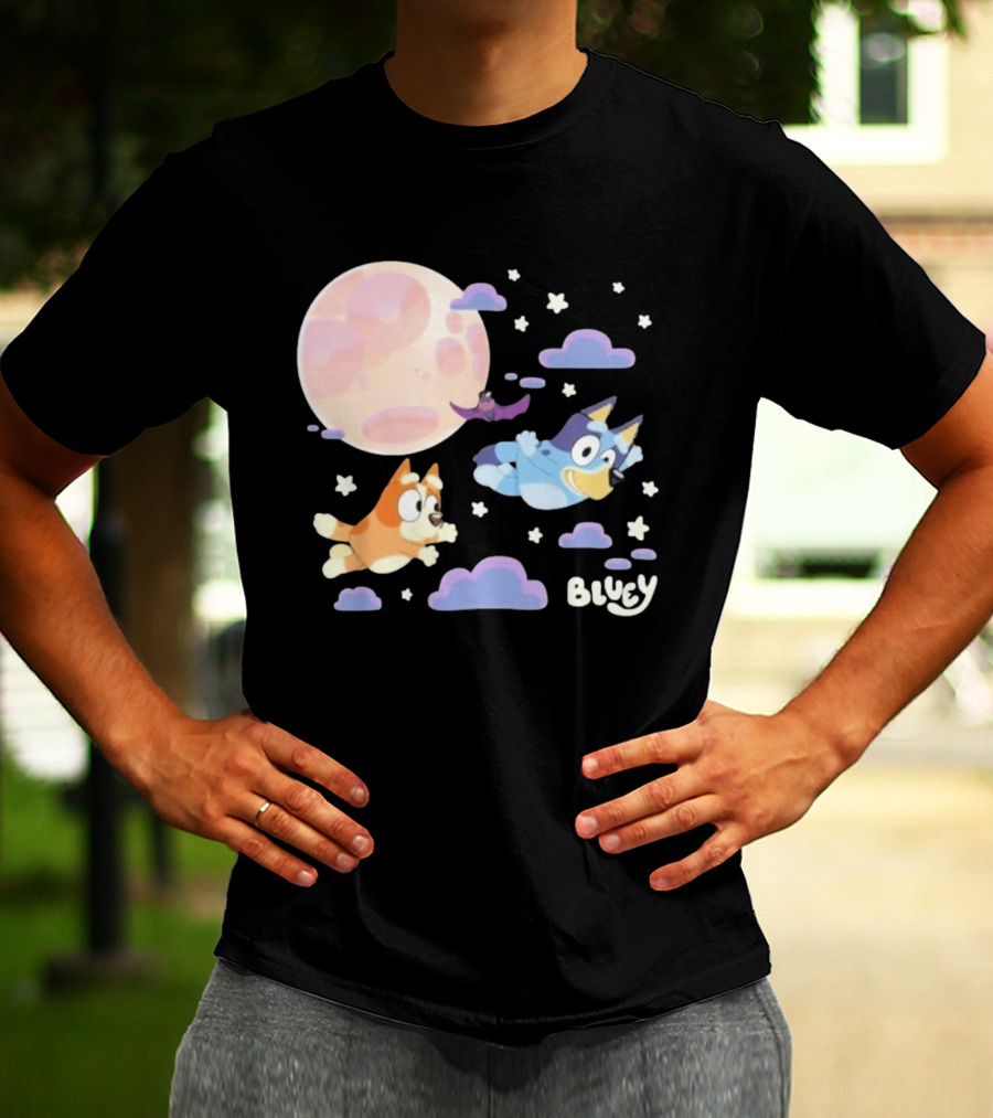 Bluey Sleepy Time Characters Flying With Moon And Stars T-Shirt