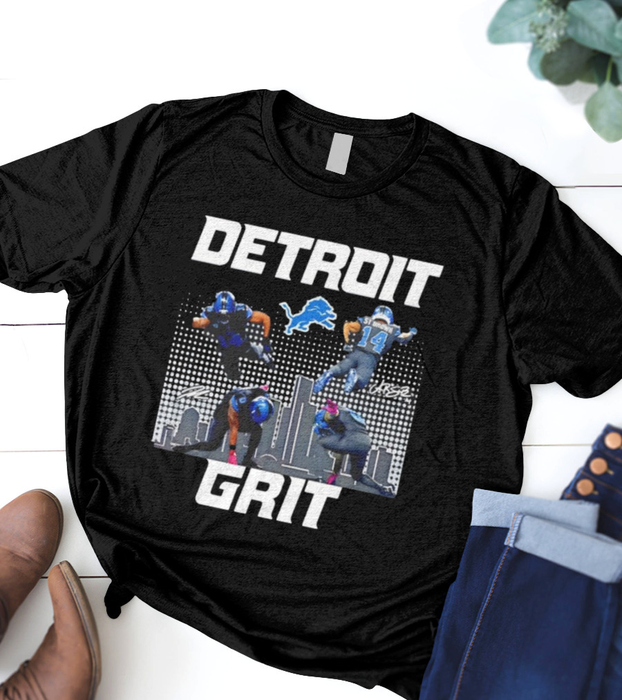 Detroit Grit Super Heroes Lions Skyline Football签名 T-Shirt