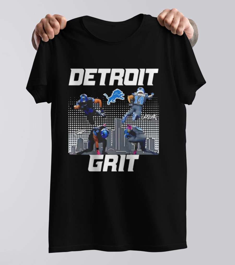 Detroit Grit Super Heroes Lions Skyline Football签名 T-Shirt