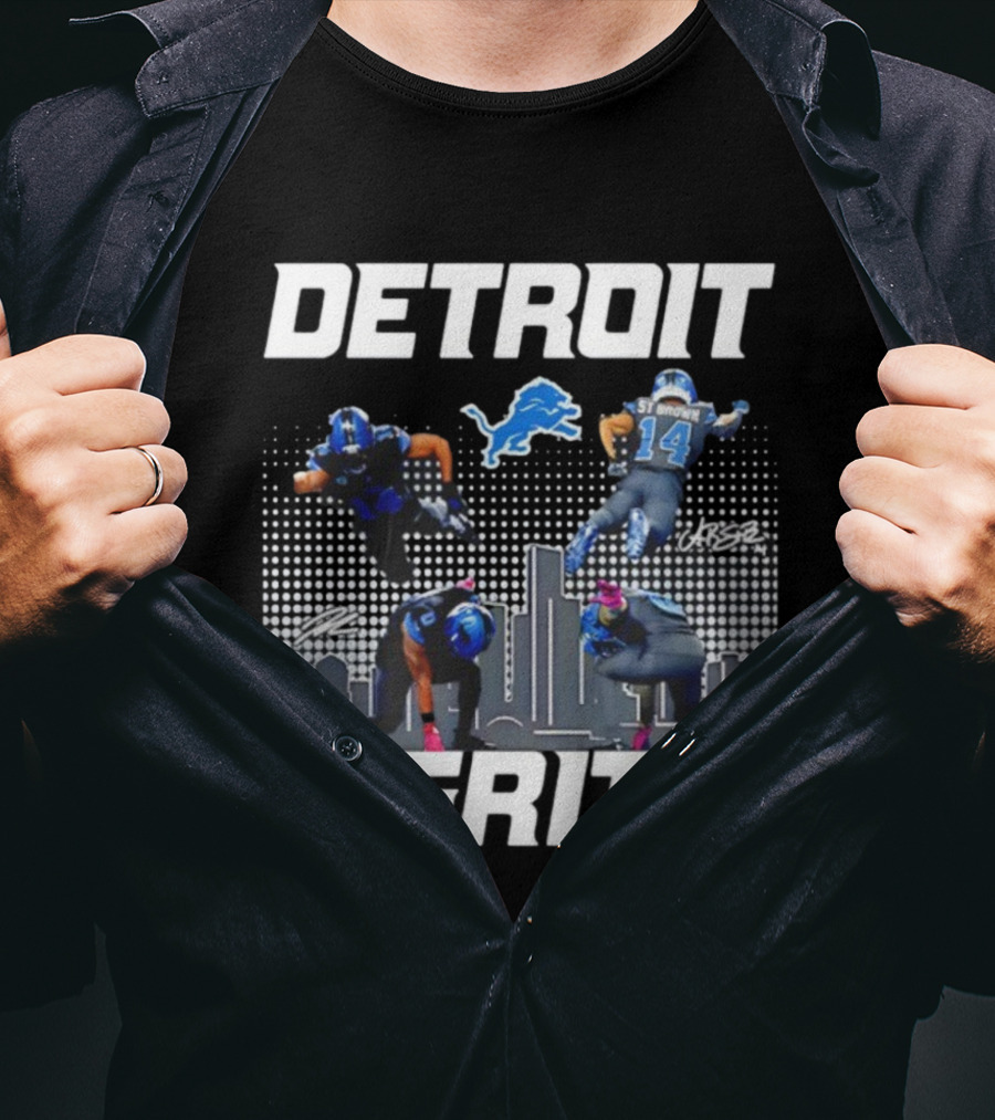 Detroit Grit Super Heroes Lions Skyline Football签名 T-Shirt