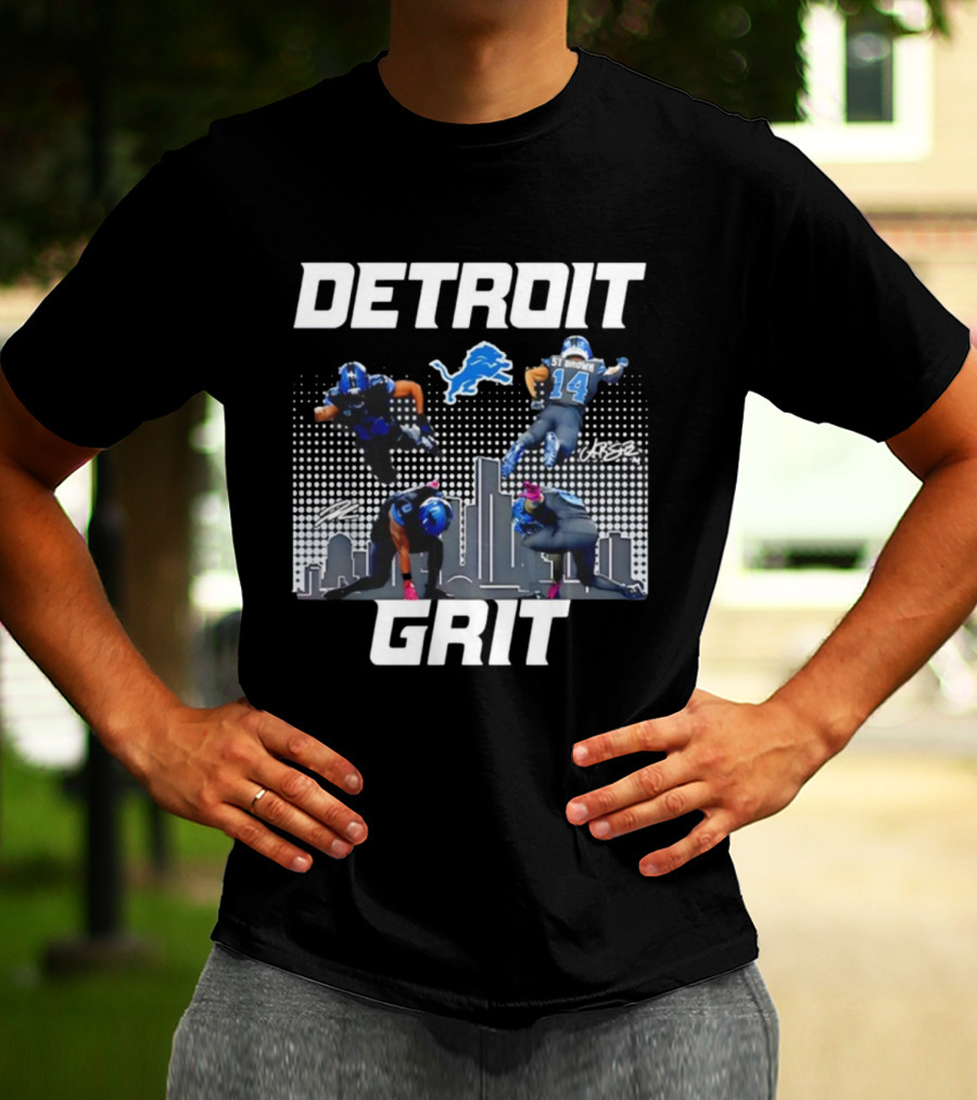 Detroit Grit Super Heroes Lions Skyline Football签名 T-Shirt