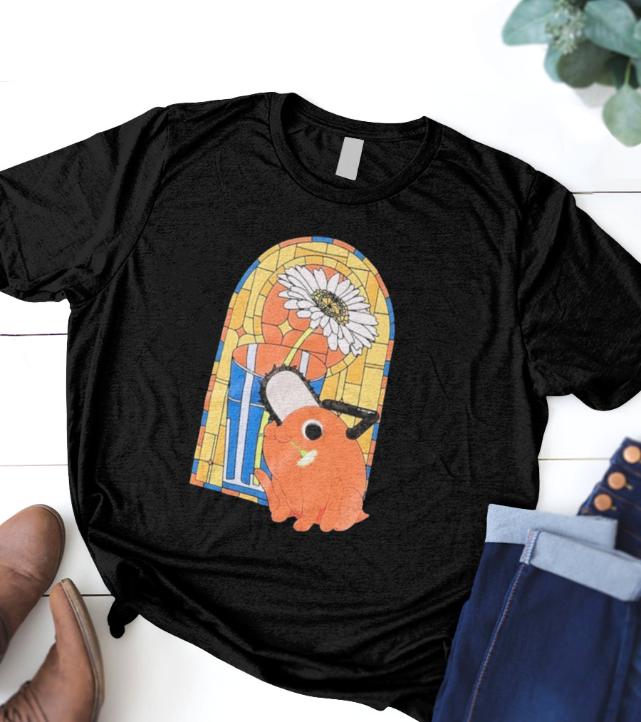 Chainsaw Man Pochita Stained Glass Flower And Chainsaw T-Shirt