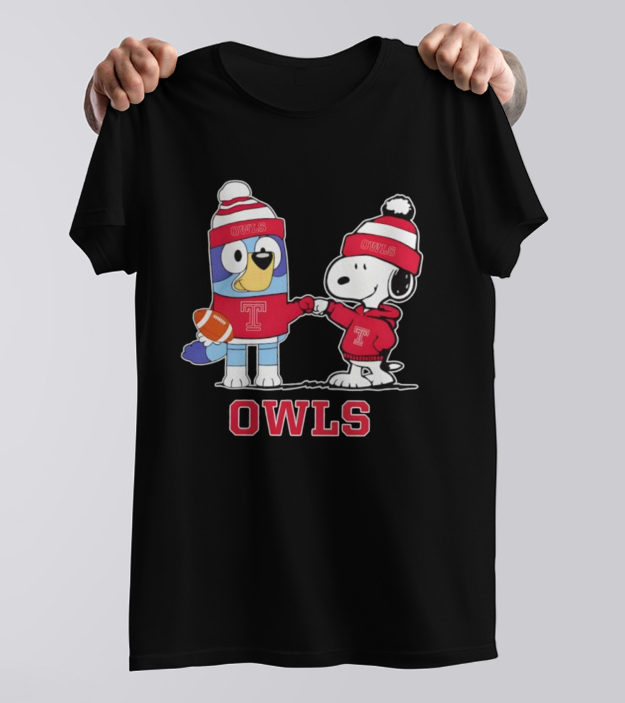 Snoopy Bluey Temple Owls Football Collaboration T-Shirt