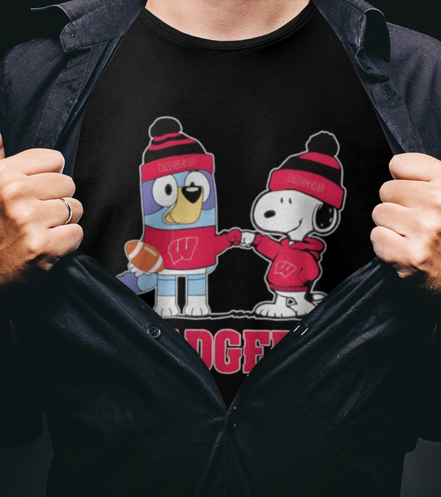 Snoopy Bluey Wisconsin Badgers Football Collaboration Fist Bump T-Shirt