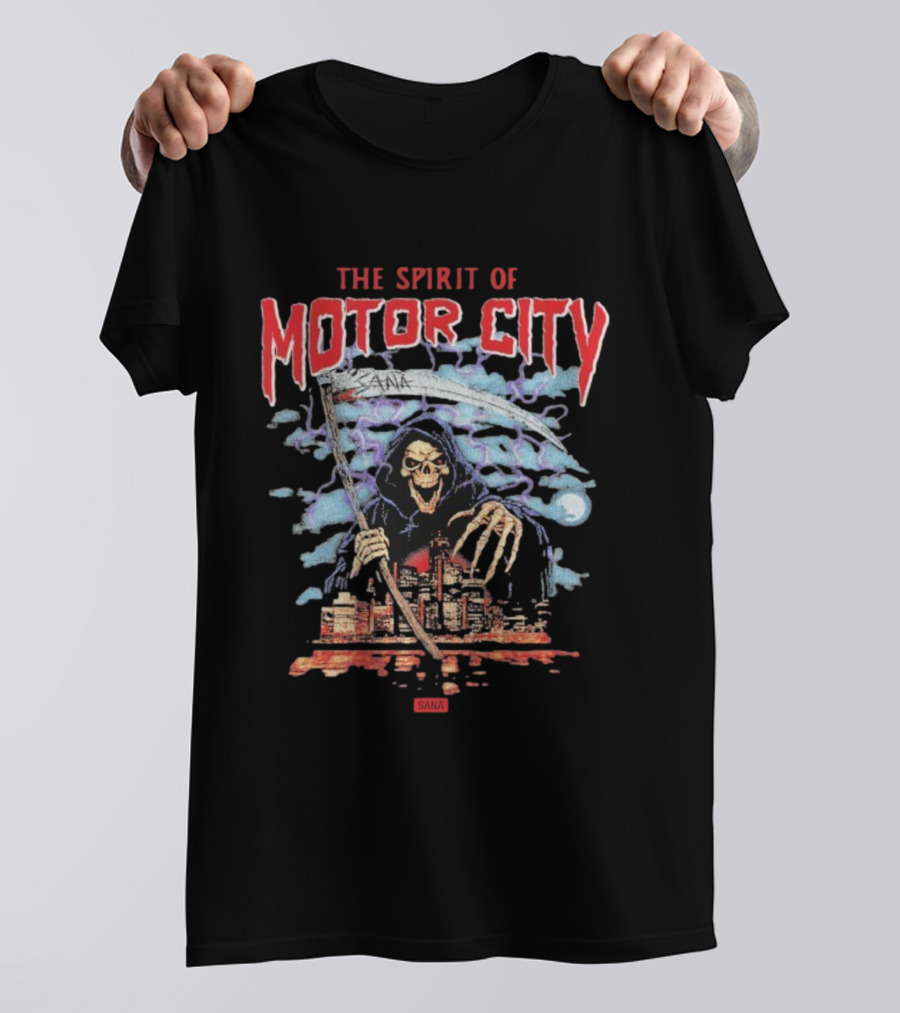 The Spirit Of Motor City Sana Grim Reaper Halloween Skeleton Scythe Urban Cityscape T-Shirt