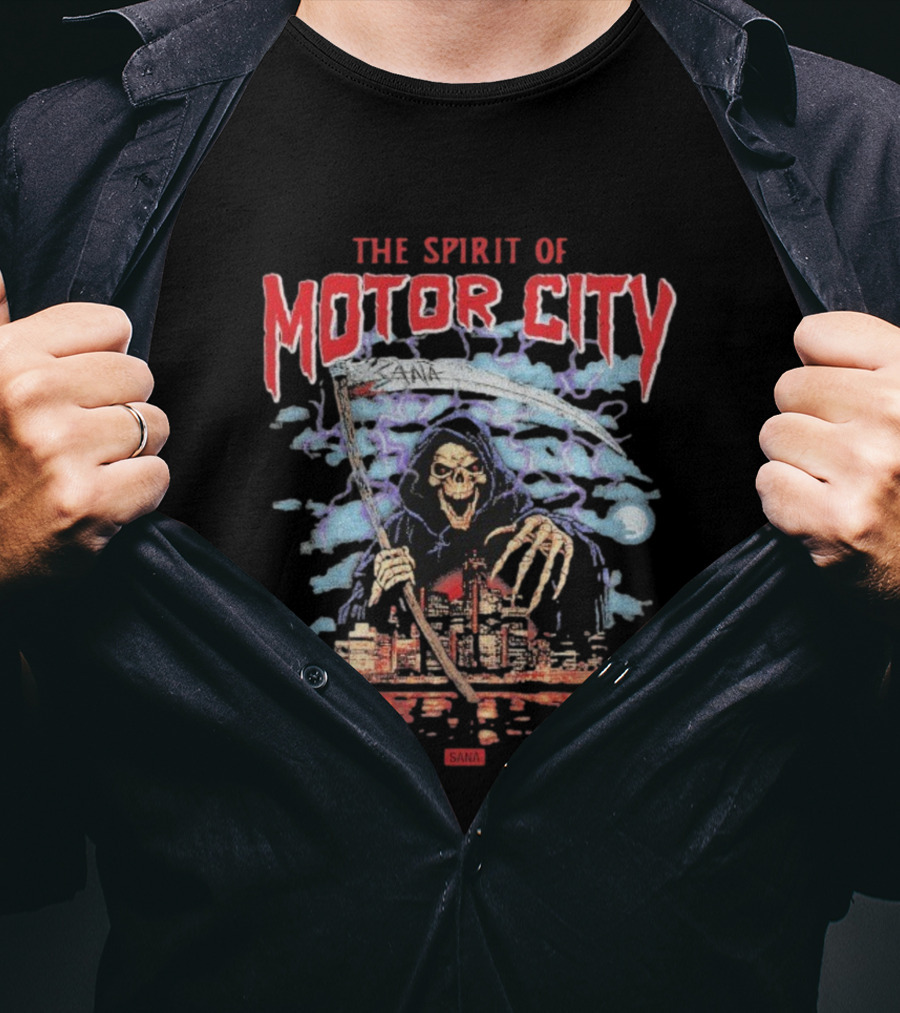 The Spirit Of Motor City Sana Grim Reaper Halloween Skeleton Scythe Urban Cityscape T-Shirt