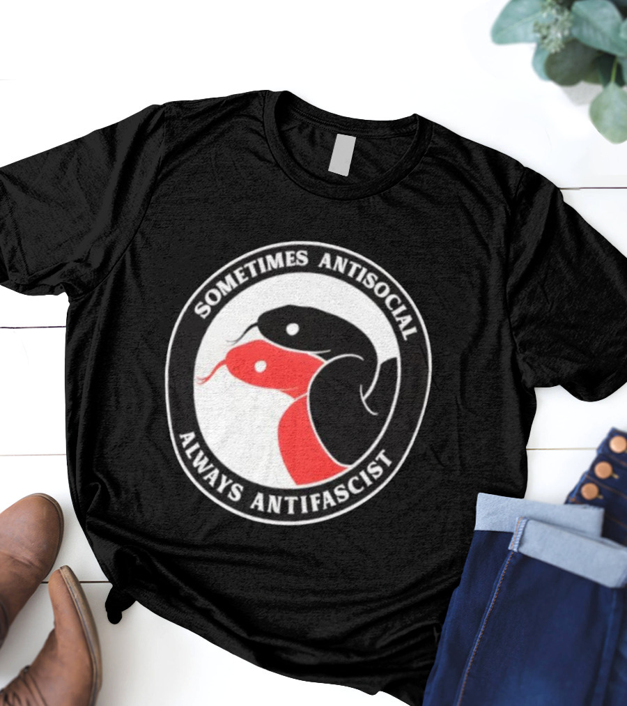 Sometimes Antisocial Always Antifascist Snakes Circle Logo Two Snakes Black And Red T-Shirt