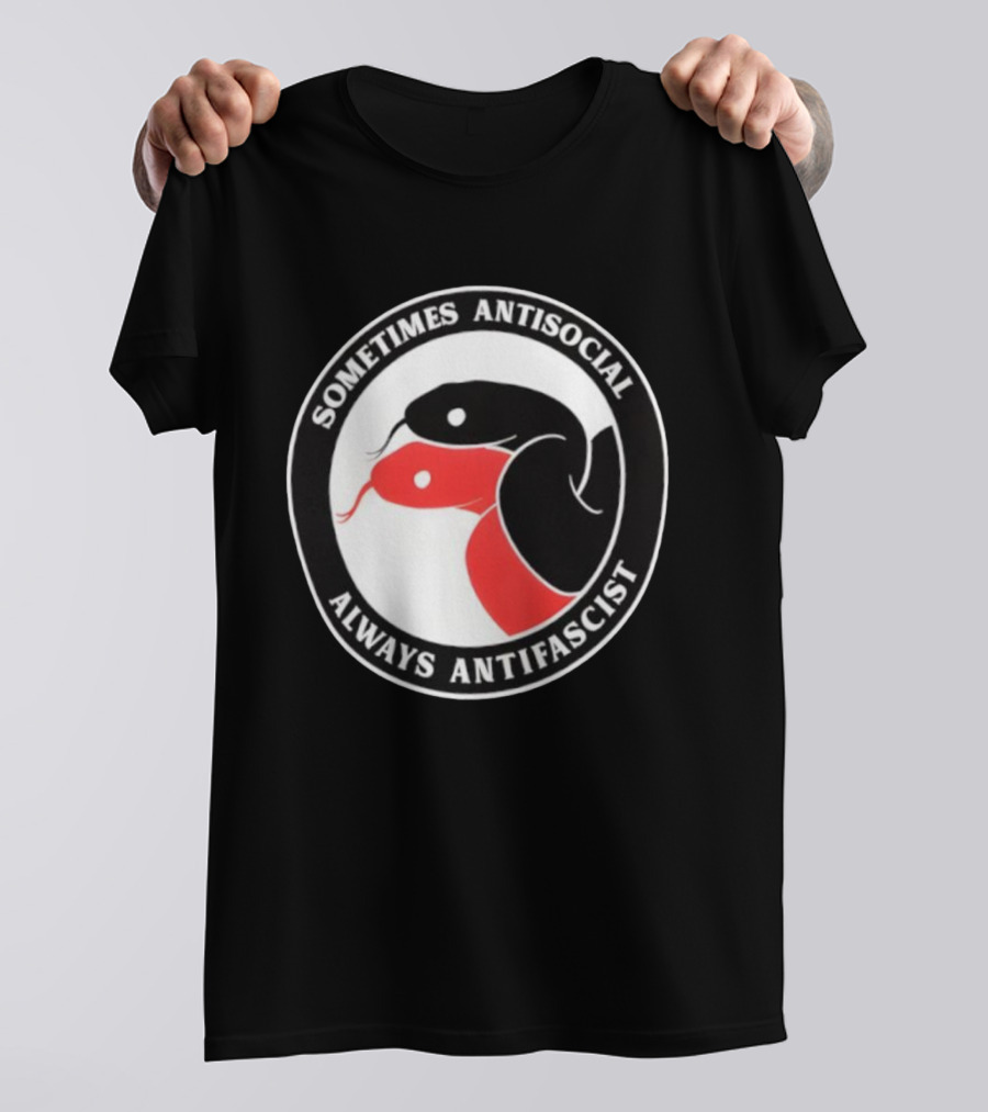 Sometimes Antisocial Always Antifascist Snakes Circle Logo Two Snakes Black And Red T-Shirt
