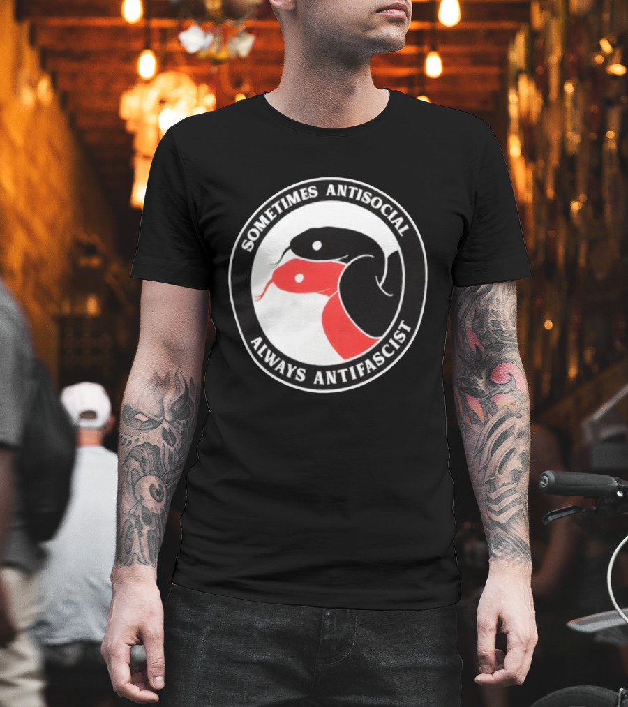 Sometimes Antisocial Always Antifascist Snakes Circle Logo Two Snakes Black And Red T-Shirt