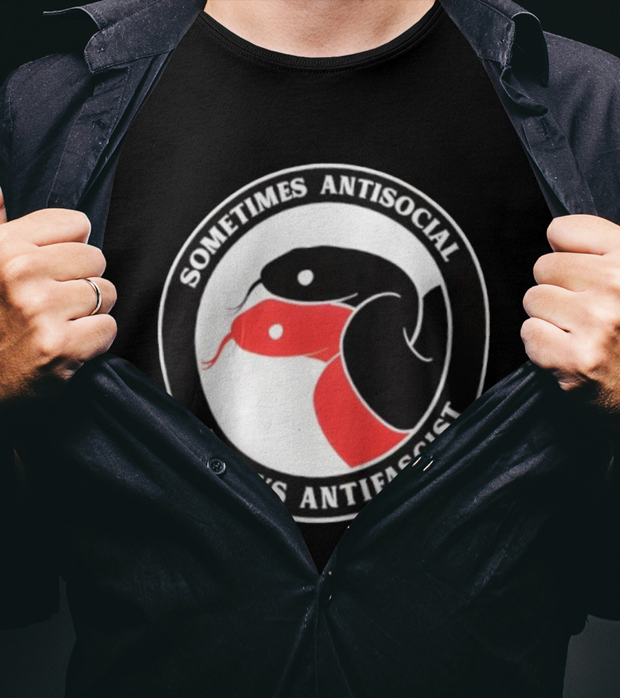 Sometimes Antisocial Always Antifascist Snakes Circle Logo Two Snakes Black And Red T-Shirt