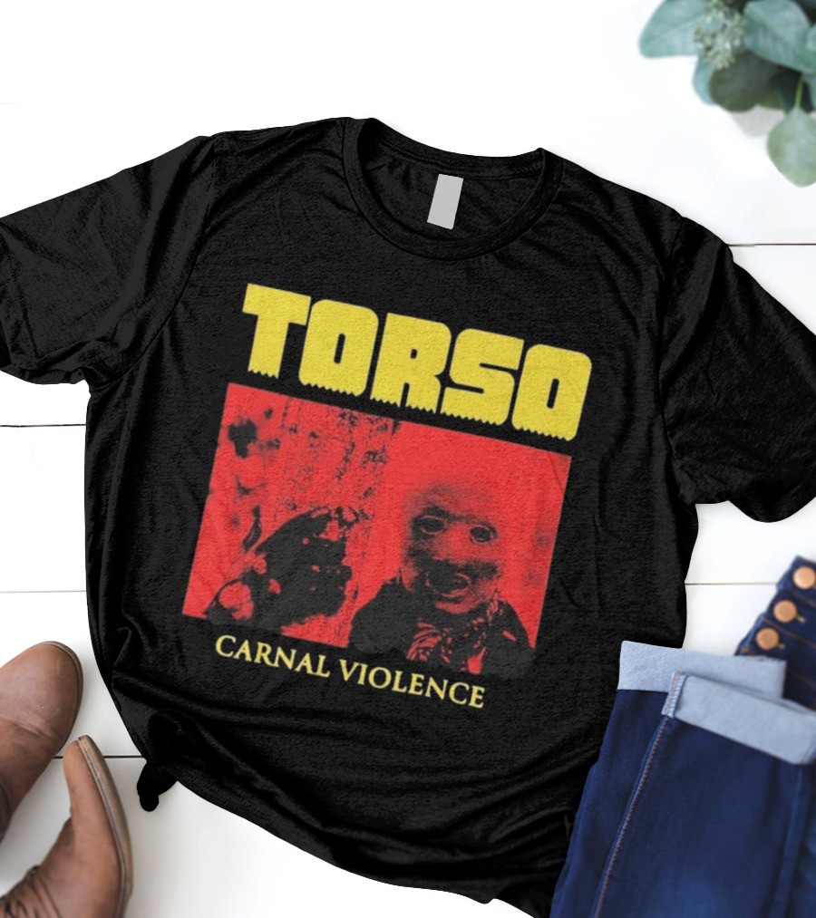Torso Carnal Violence Horror Imagery Bold Yellow Text T-Shirt