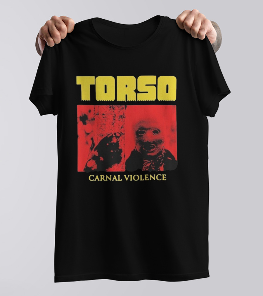 Torso Carnal Violence Horror Imagery Bold Yellow Text T-Shirt