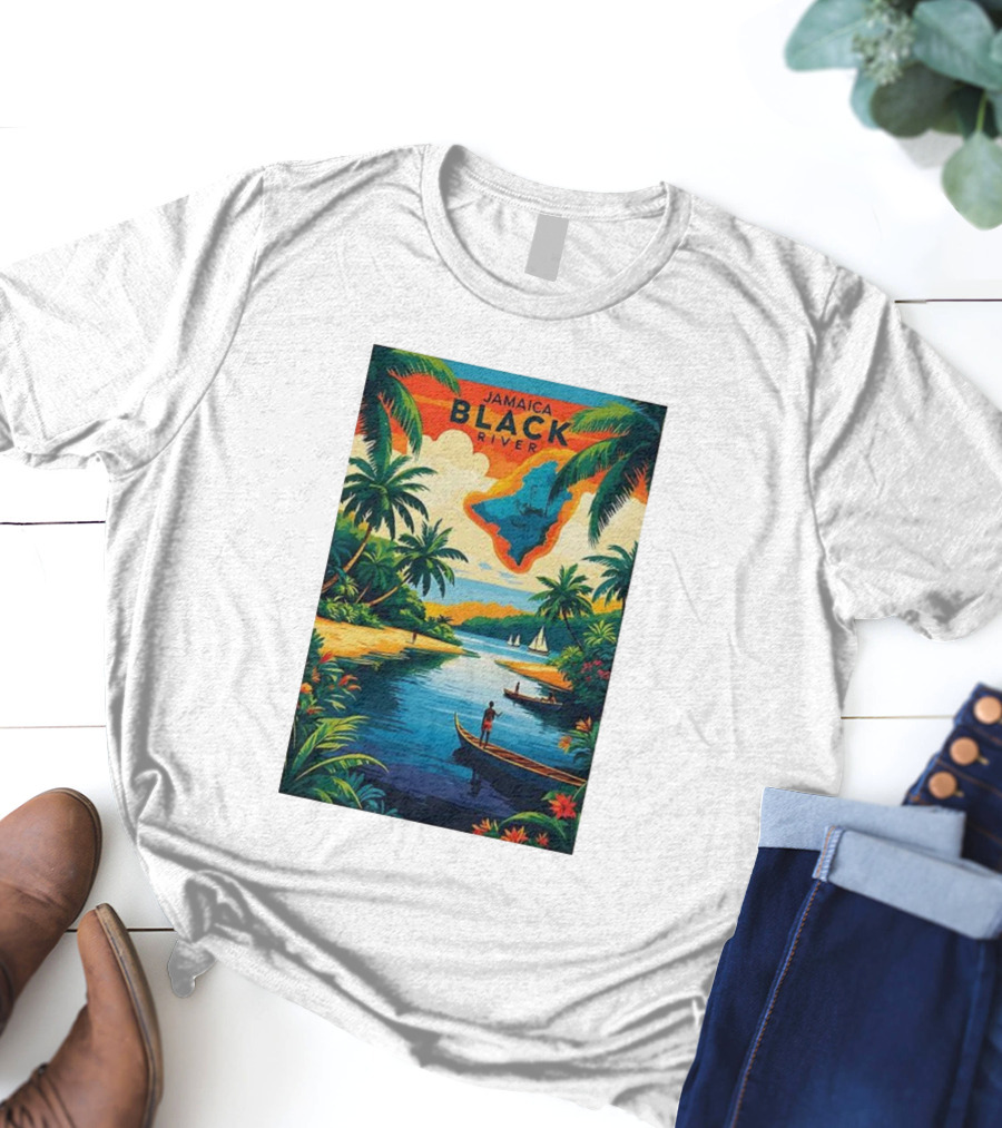 Jamaica Black River Vintage Travel Tropical Scenery With Palm Trees And Boats T-Shirt