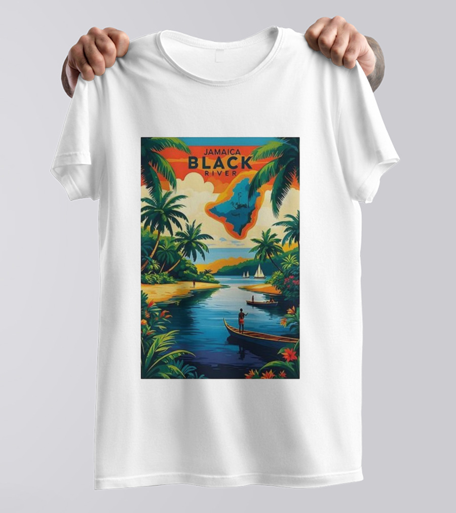 Jamaica Black River Vintage Travel Tropical Scenery With Palm Trees And Boats T-Shirt