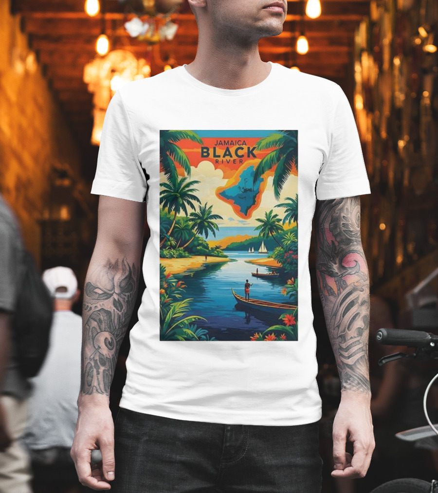 Jamaica Black River Vintage Travel Tropical Scenery With Palm Trees And Boats T-Shirt