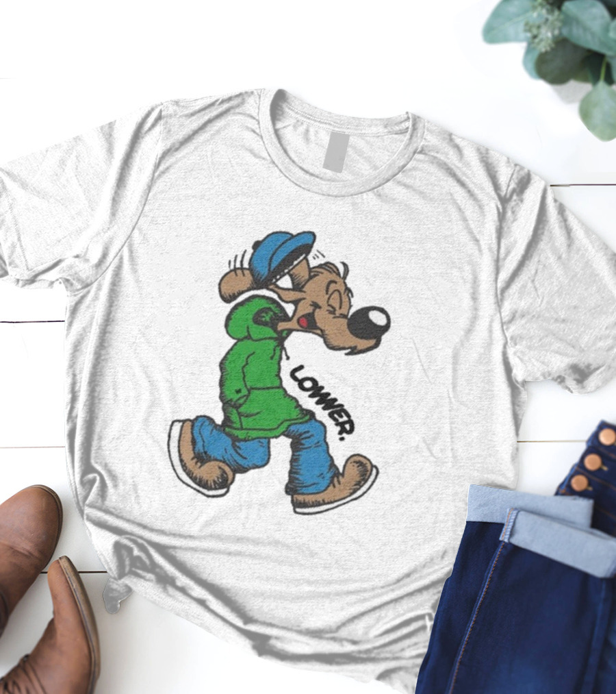 Lower Billie Hood Walkin Cartoon Character In Green And Blue Cap T-Shirt