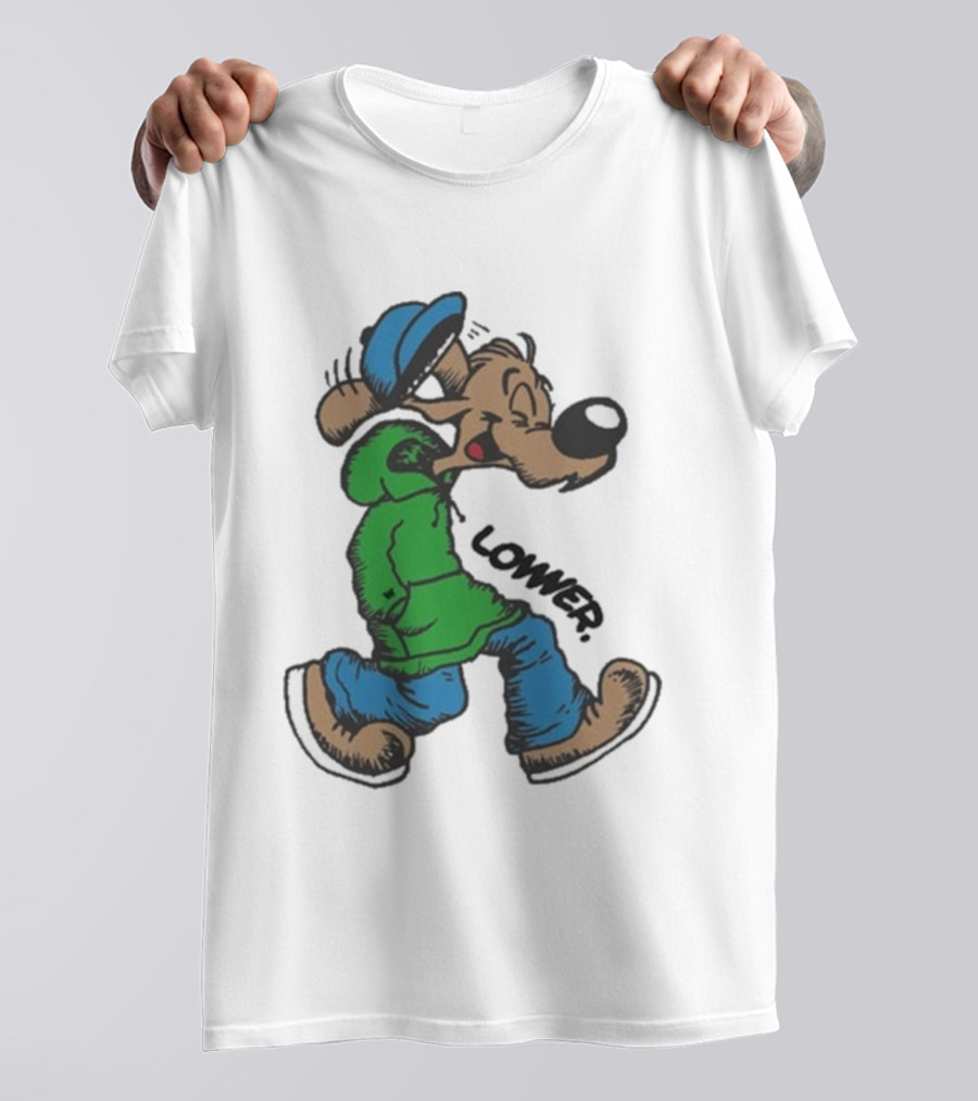 Lower Billie Hood Walkin Cartoon Character In Green And Blue Cap T-Shirt
