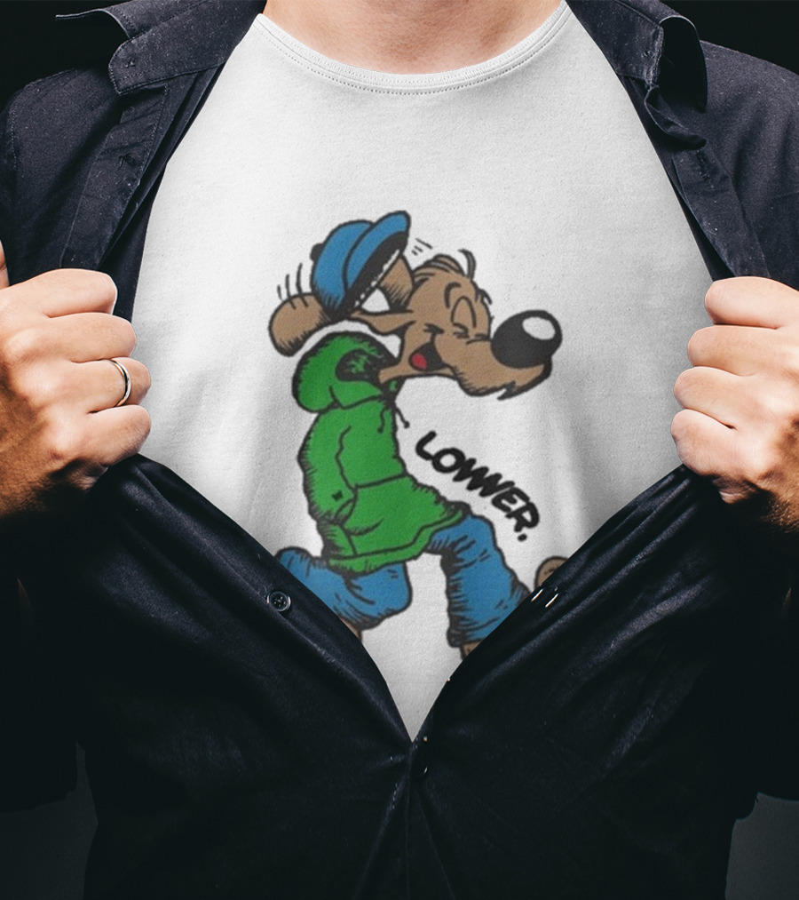 Lower Billie Hood Walkin Cartoon Character In Green And Blue Cap T-Shirt