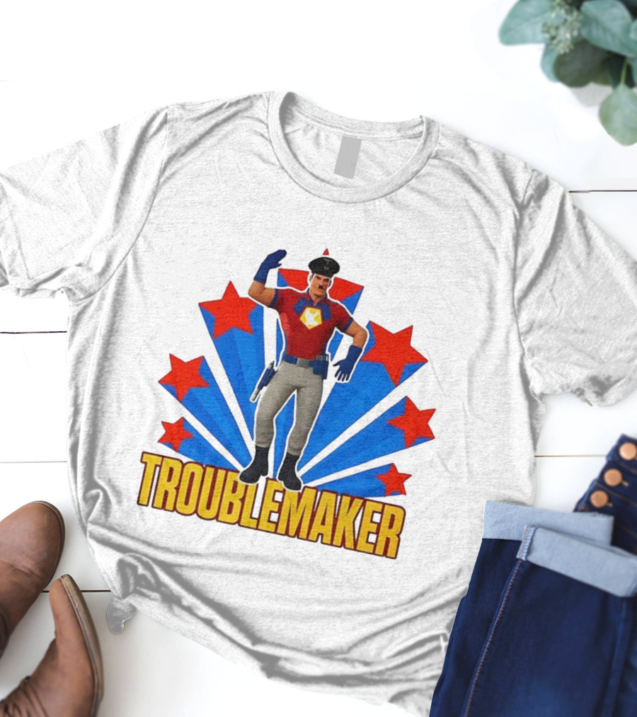 Troublemaker Character With Star Symbol And Red Blue Background T-Shirt