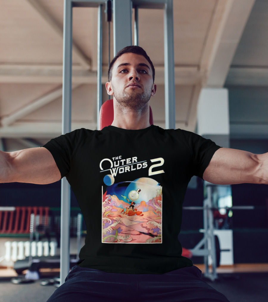 The Outer Worlds 2 Surreal Landscape With Cartoon Character T-Shirt