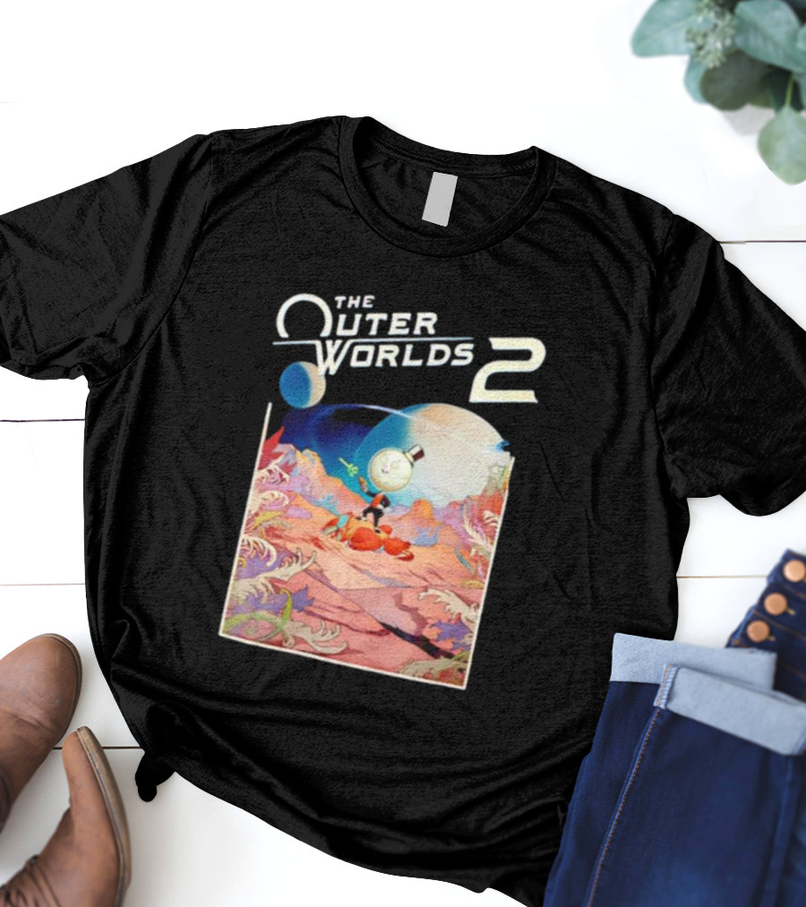 The Outer Worlds 2 Surreal Landscape With Cartoon Character T-Shirt