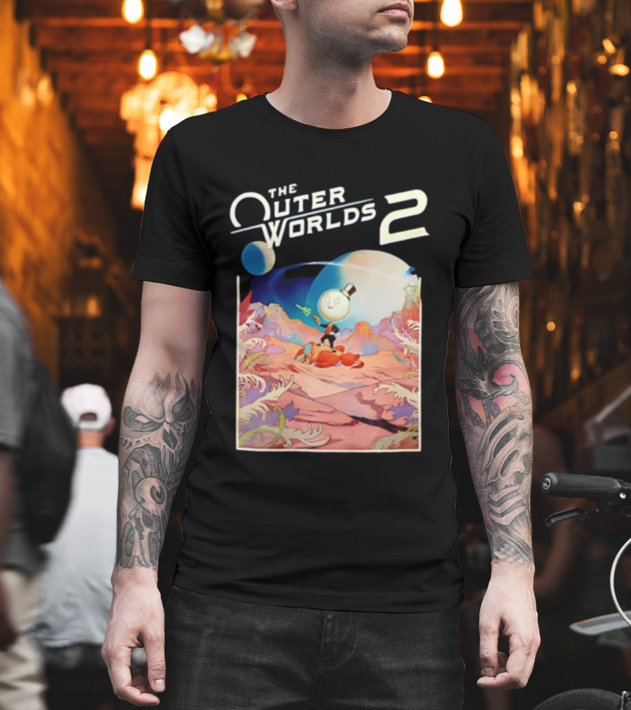 The Outer Worlds 2 Surreal Landscape With Cartoon Character T-Shirt