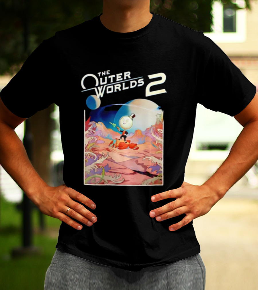 The Outer Worlds 2 Surreal Landscape With Cartoon Character T-Shirt