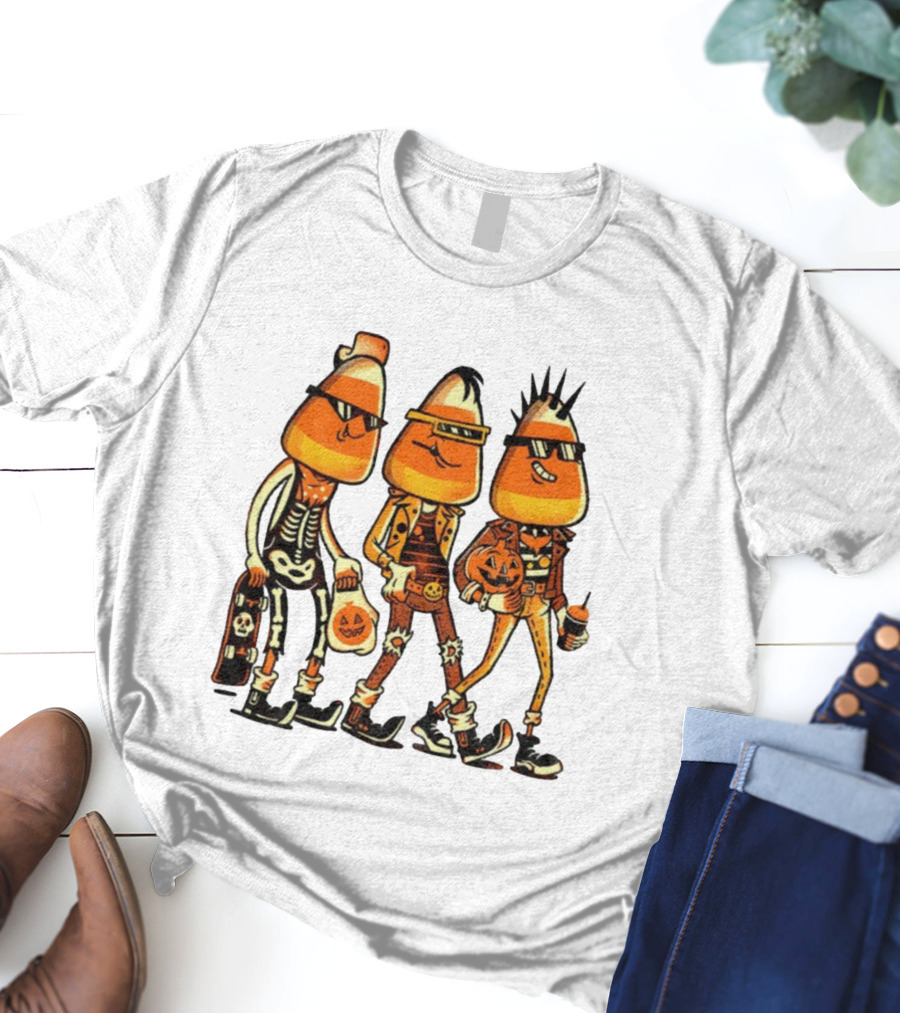 Candy Corn Punk Rock Skeleton Pumpkin Halloween Characters T-Shirt