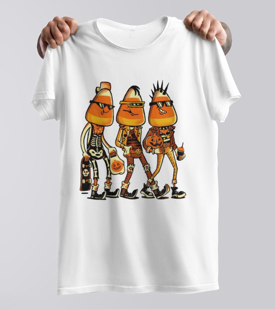 Candy Corn Punk Rock Skeleton Pumpkin Halloween Characters T-Shirt