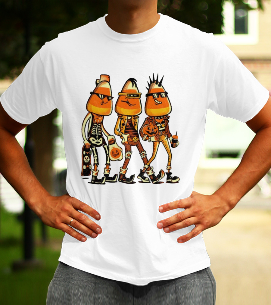 Candy Corn Punk Rock Skeleton Pumpkin Halloween Characters T-Shirt